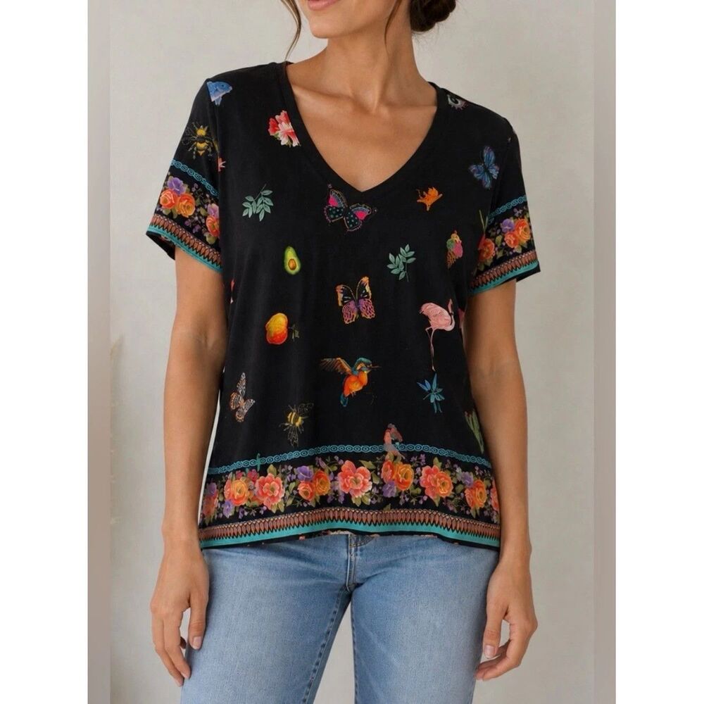 Johnny Was Black V-Neck Floral Graphic Top | Size L Stretch Distressed T Shirt